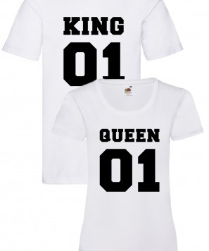 Set tricouri personalizate cuplu "King 01 & Queen 01" Alb/Alb