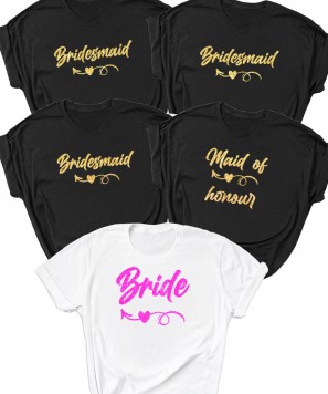 Set 5 tricouri Petrecerea burlacitelor Bridesmaid, Alb/negru (roz/auriu glitter)